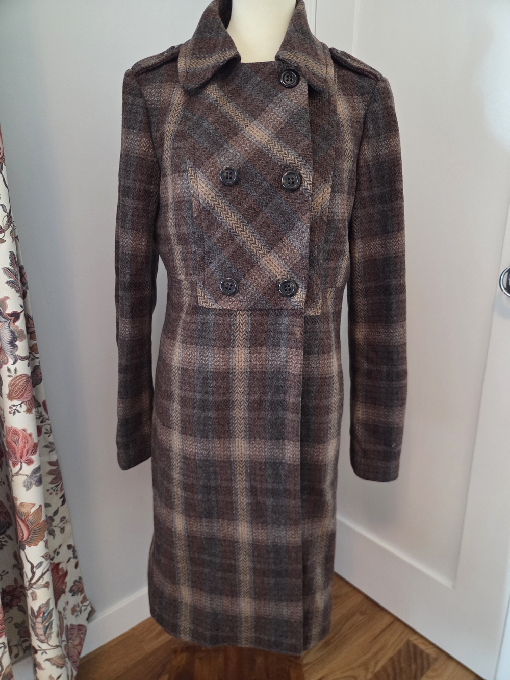 Vintage United Colors Of Benetton Brown Plaid Double-Breasted Wool Coat